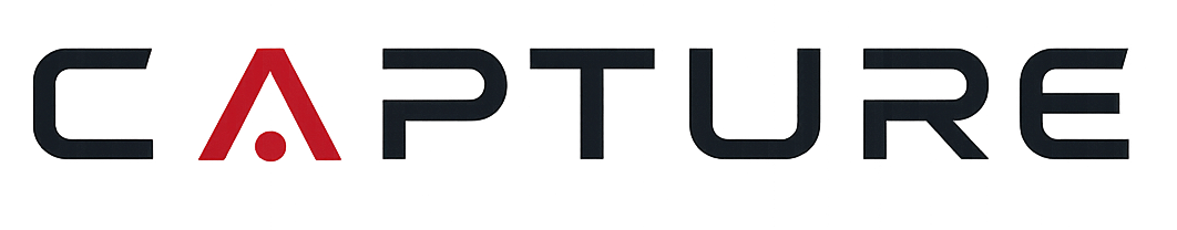 CAPTURE logo: a black wordmark with a red glowing triangular 'A' in the center