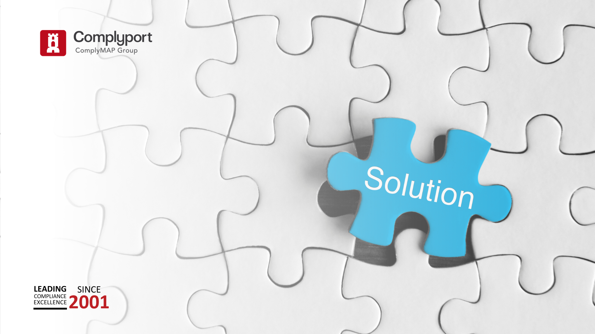 Blue puzzle piece with 'Solution' on a white puzzle background; Complyport logo top-left.