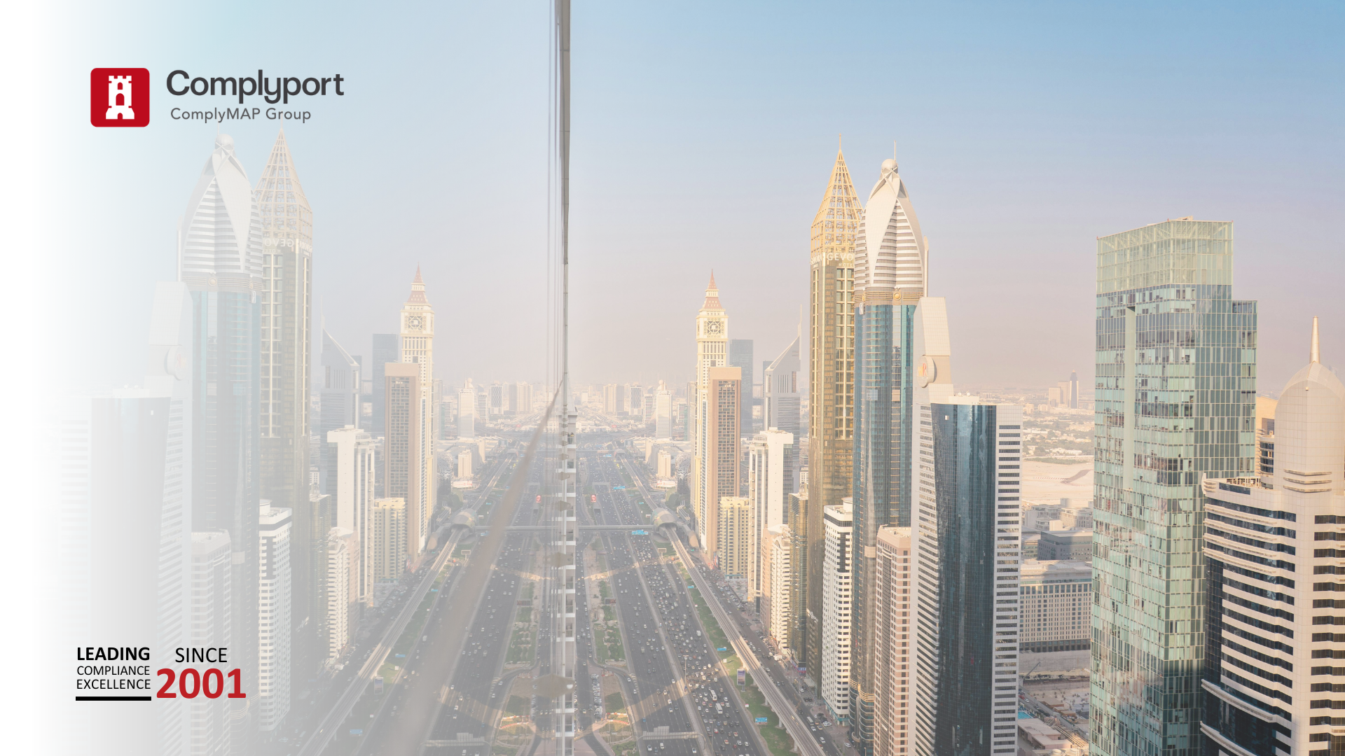 Complyport branding on a hazy city skyline with the slogan 'Leading Compliance Excellence Since 2001'.