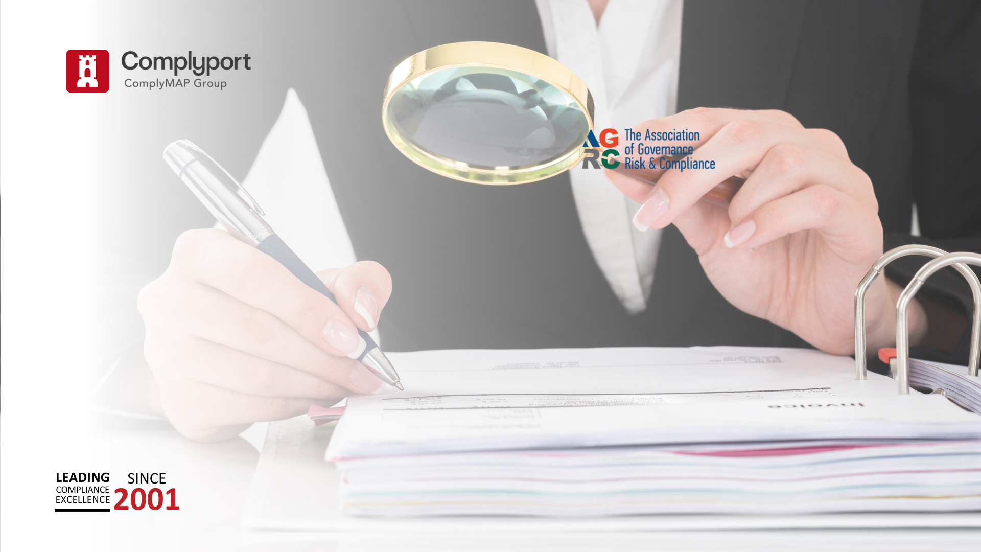 Person reviews documents with a pen and magnifying glass; compliance logos visible on left (Complyport & ARC/GRC).