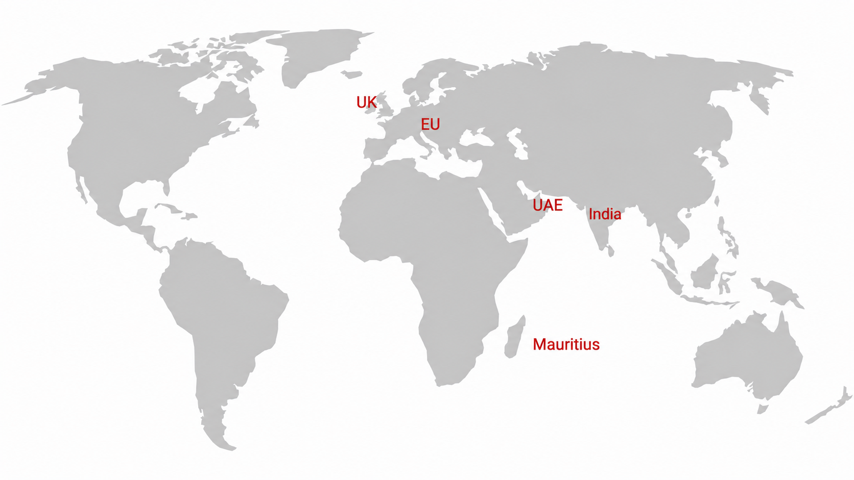 World map in grey with red labels marking UK, EU, UAE, India, and Mauritius