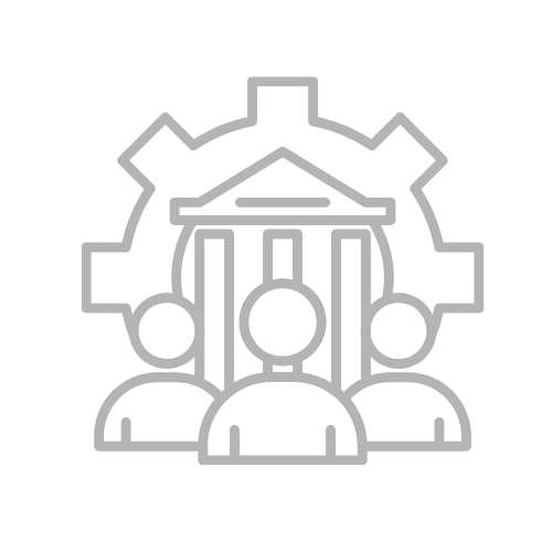 Three people icons in front of a building with a large gear behind, symbolizing teamwork and organizational processes of a group.