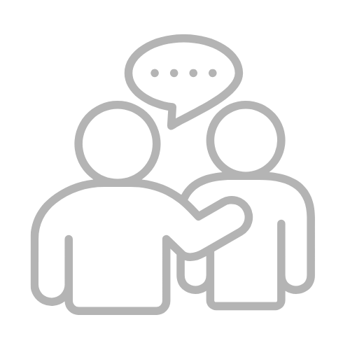 Two outlined figures in conversation, one with an arm around the other, speech bubble with ellipsis indicating dialogue or support.