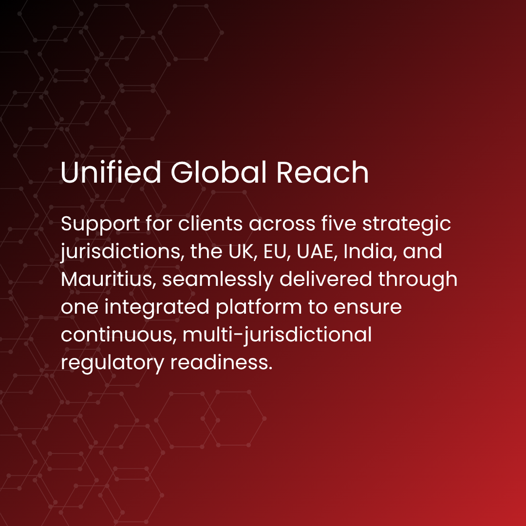 Unified Global Reach title over a red gradient with a hexagonal network pattern; describes global regulatory readiness.