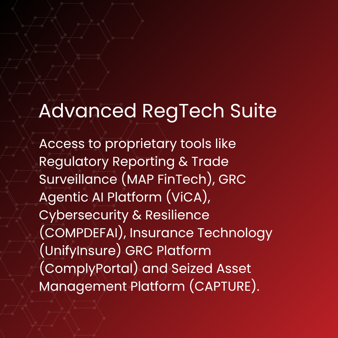 Advanced RegTech Suite title and description: proprietary tools for regulatory reporting, trade surveillance, AI platform, cybersecurity, and asset management on a red gradient with a hex pattern background.