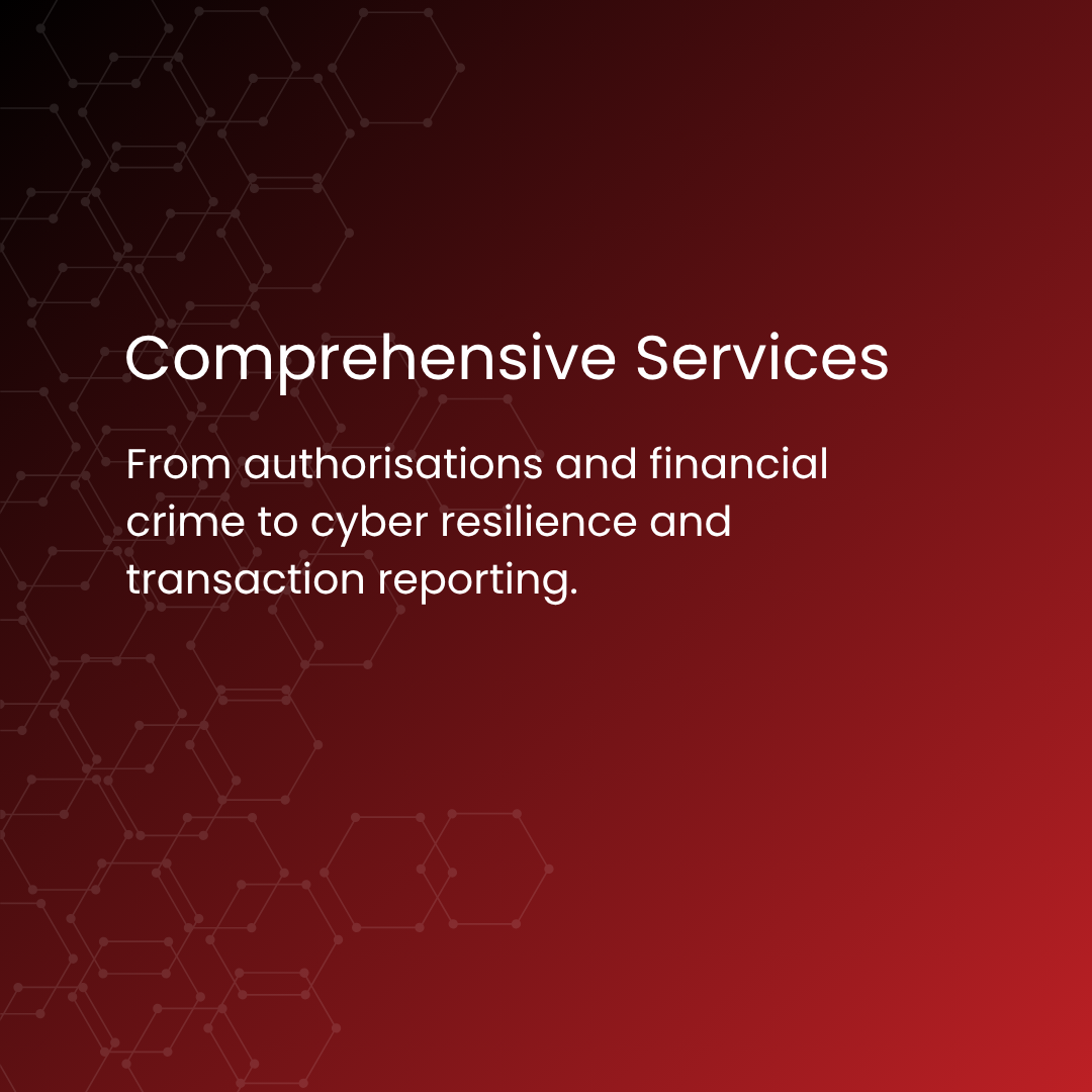Dark red gradient hero with a subtle hexagonal network pattern; headline 'Comprehensive Services' and subtitle about authorisations, financial crime, cyber resilience, and reporting.