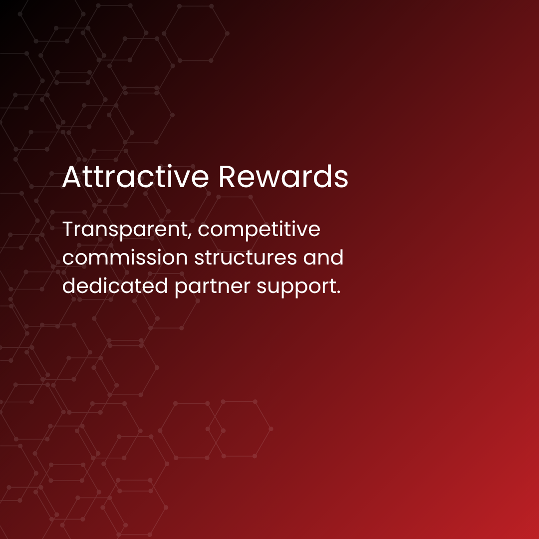 Slide with dark red gradient and left hexagon pattern; headline 'Attractive Rewards' and subtext about transparent commissions and partner support.