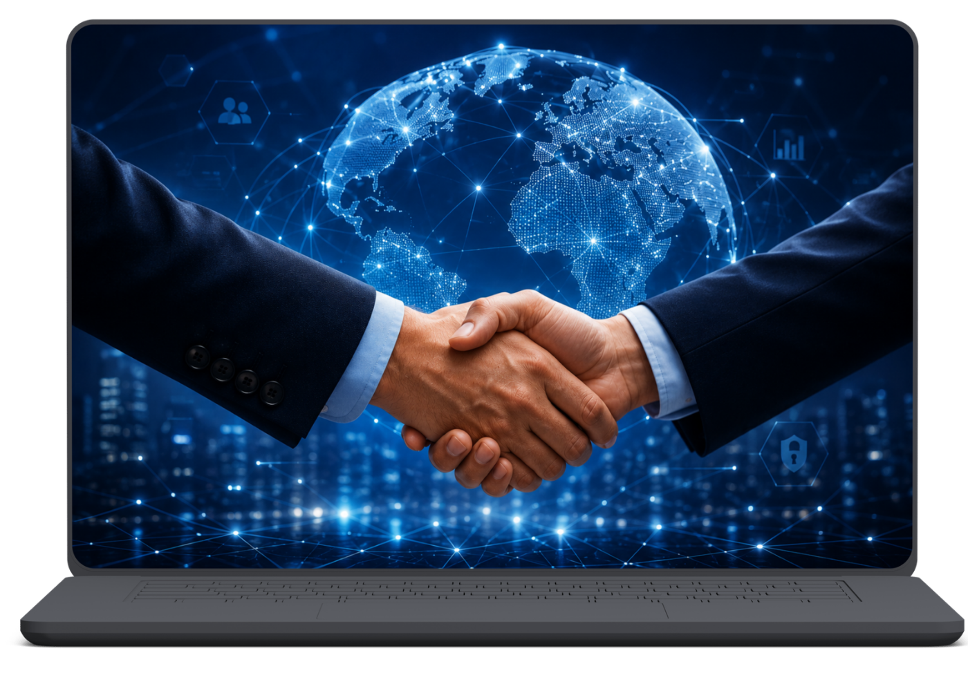 Handshake between two businessmen with a digital globe and network lines in the background, symbolizing global partnership.