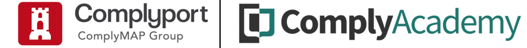 Logo collage: left side shows 'Complyport ComplyMAP Group' with a red shield icon; right side shows 'ComplyAcademy' with teal/gray squares icon.