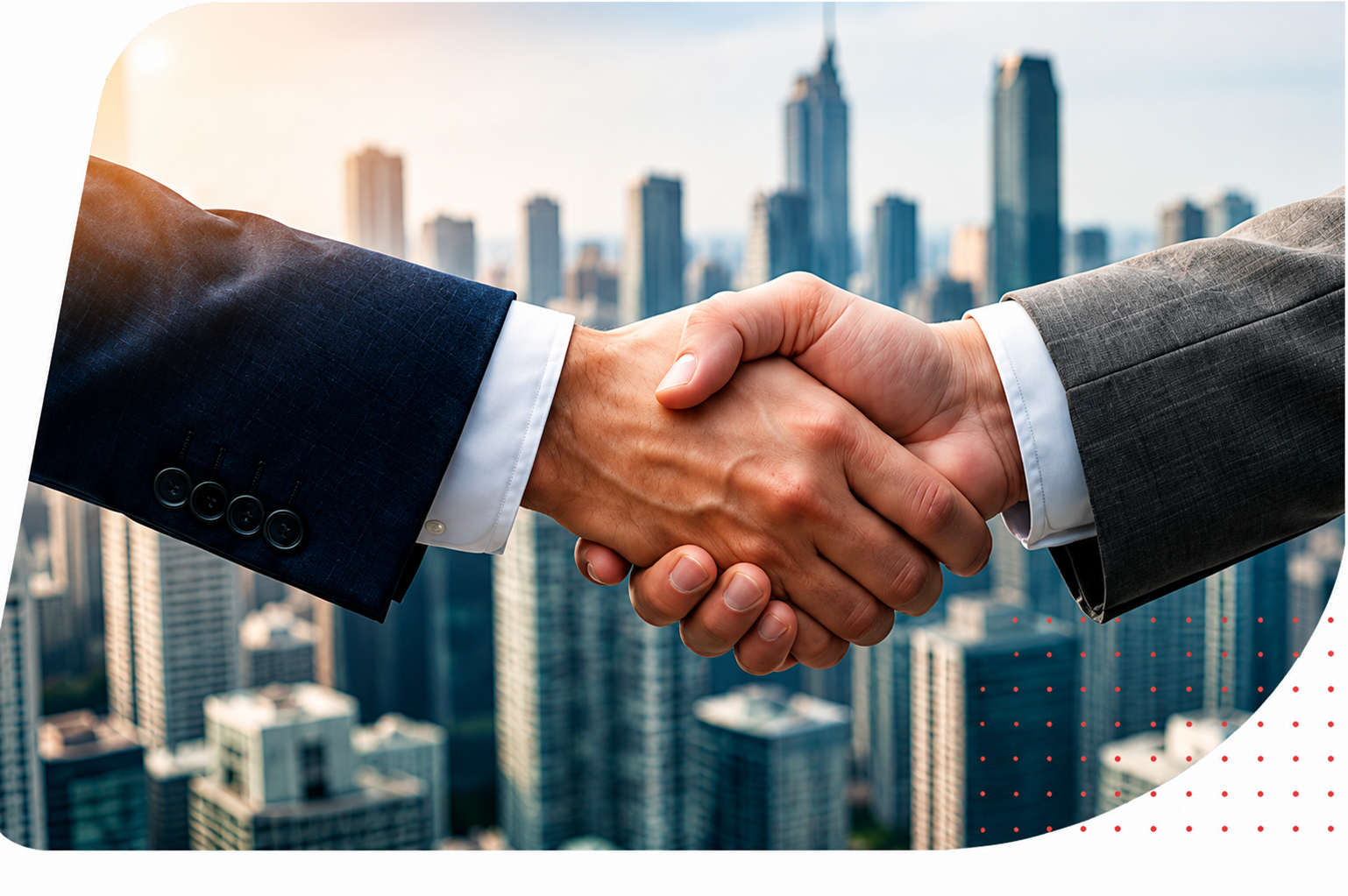 Handshake between two businessmen in suits over a city skyline, signaling a formal partnership or agreement