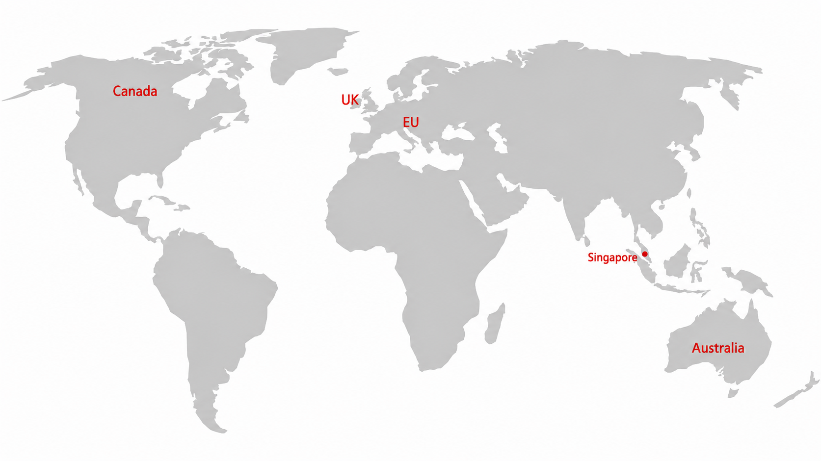 World map highlighting Canada, the UK, EU, Singapore, and Australia with red labels