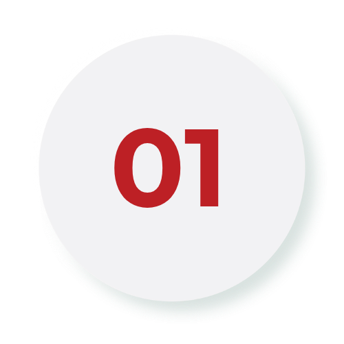 Circular badge with the number 01 in red on a light gray background in a button-like shape.