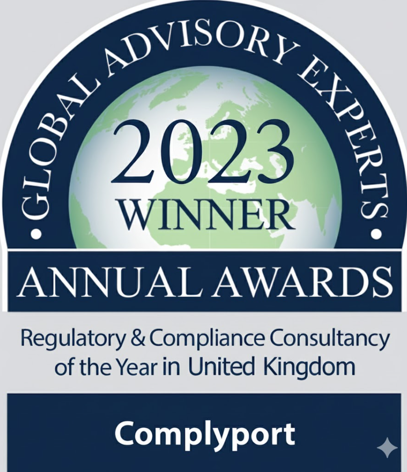 Award badge reading 'Global Advisory Experts 2023 Winner' with a globe and 'Annual Awards' banner; Compliance consultancy firm logo visible.