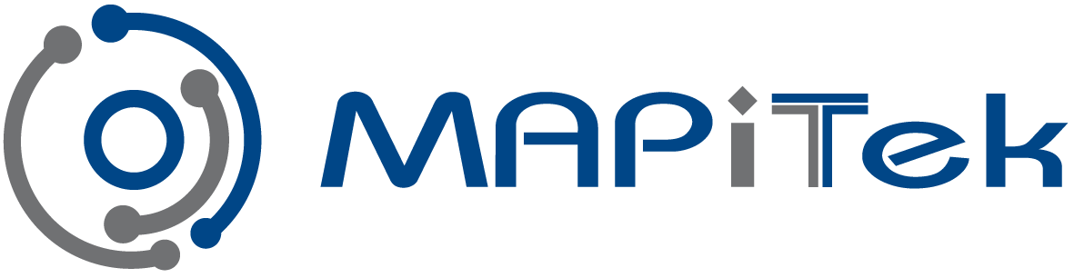 MAPiTek logo with a blue-and-gray circular orbital icon to the left of the wordmark