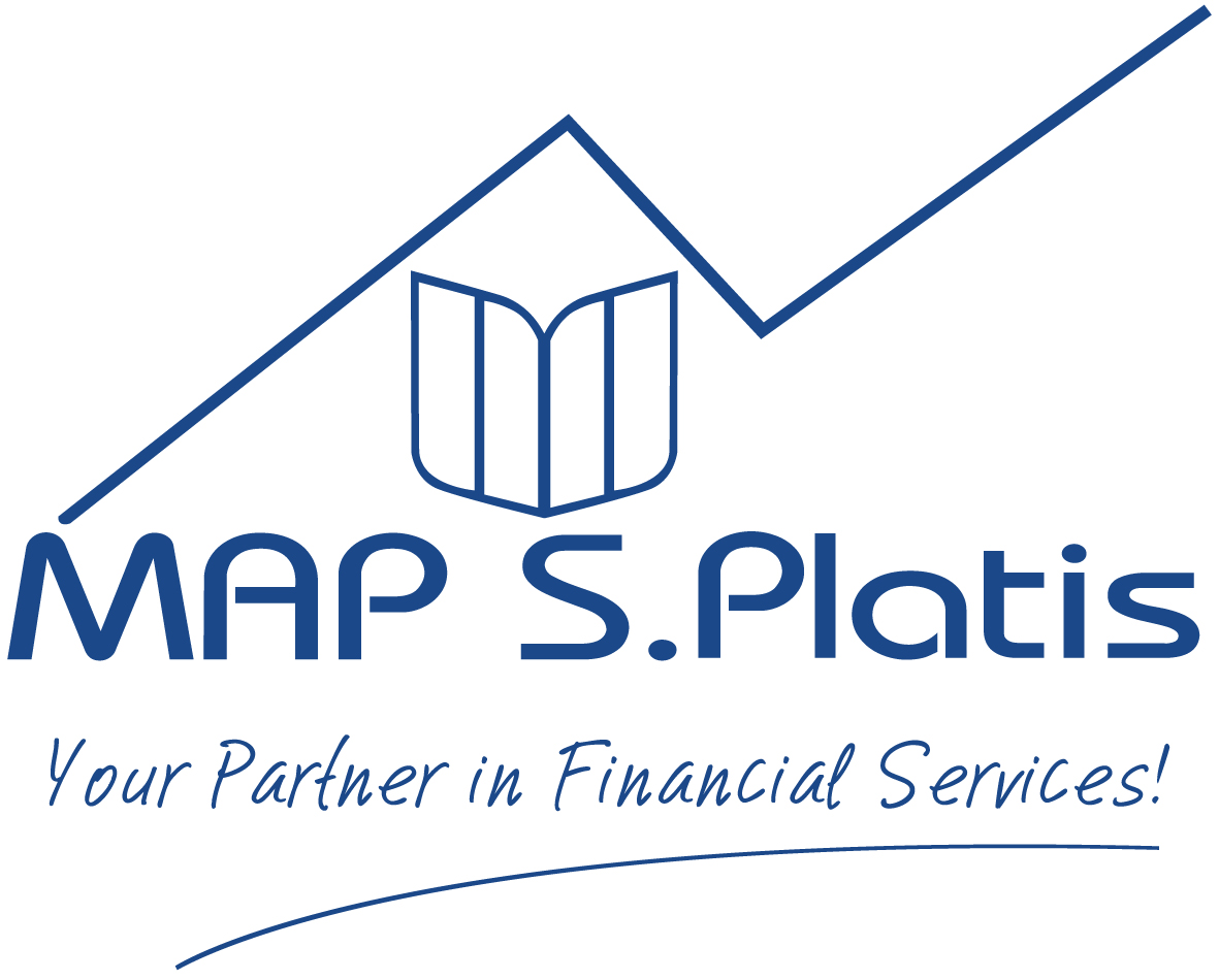 MAP S. Platis logo with a roof-like line over an open book and the slogan 'Your Partner in Financial Services'.