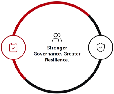 Circular ring infographic with left clipboard icon and right shield icon; center text reads 'Stronger Governance, Greater Resilience'